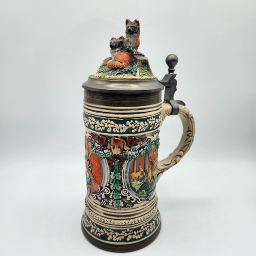 Vintage Original Gerz Deutscher Bierstein mit Fuchsdeckel & aufwendiger Jagdszene