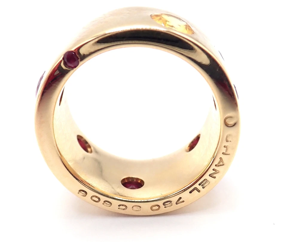 Authentic! Chanel 18k Yellow Gold Ruby Yellow Sapphire Wide Band Ring Size 5 - Image 3 of 4