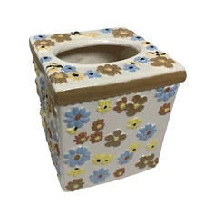 Vintage Ceramic Tissue Box Cover Floral Bumblebee Print Blue Yellow Brown