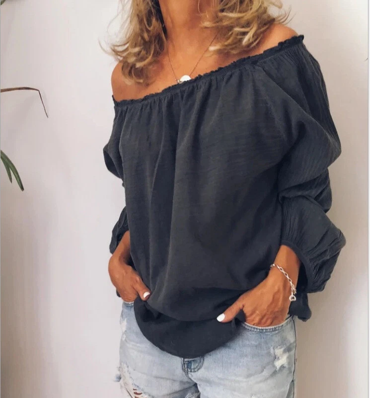 Women's Off shoulder Tops Summer 3/4 Sleeve Blouse Cotton T-Shirt Plus Size Top - Image 3 of 4