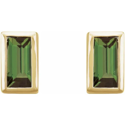 14K Solid Gold with 4x2 mm Natural Green Tourmaline Bezel-Set Earrings