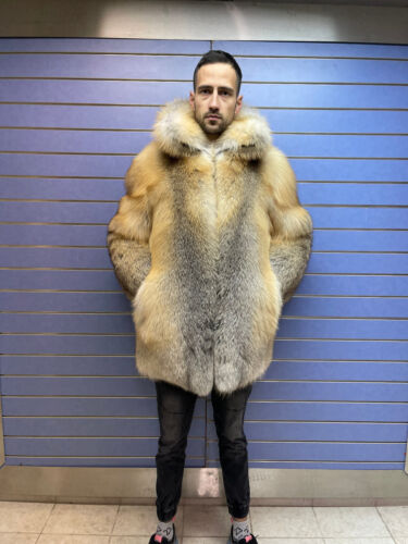 Luxury Full Skin Golden Island Fox Fur Mens Coat Real Fur Jacket Full Skin Fox - Picture 3 of 10