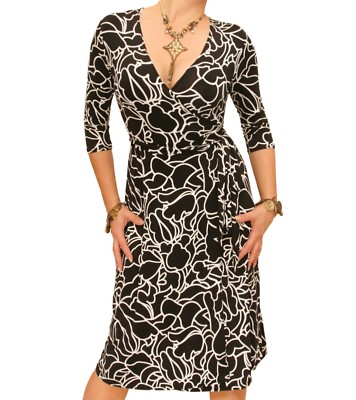 Neu Wickelkleid 3/4 Ärmel Squiggle Print V-Ausschnitt
