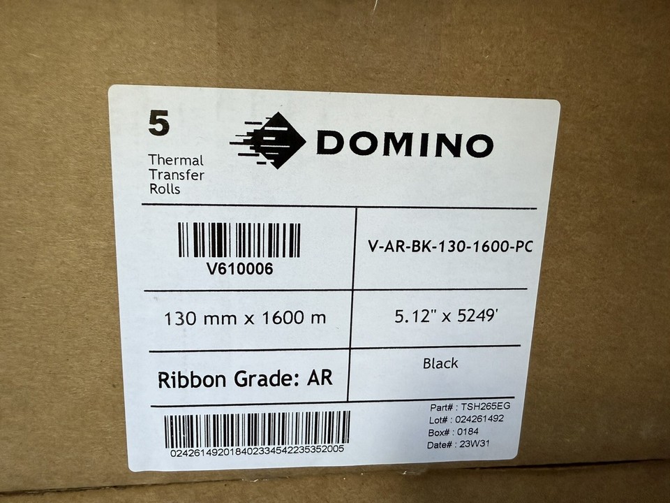 Box Of 5 Domino V-AR-BK-130-1600-PC Transfer Ribbon AR Black 130mm X ...