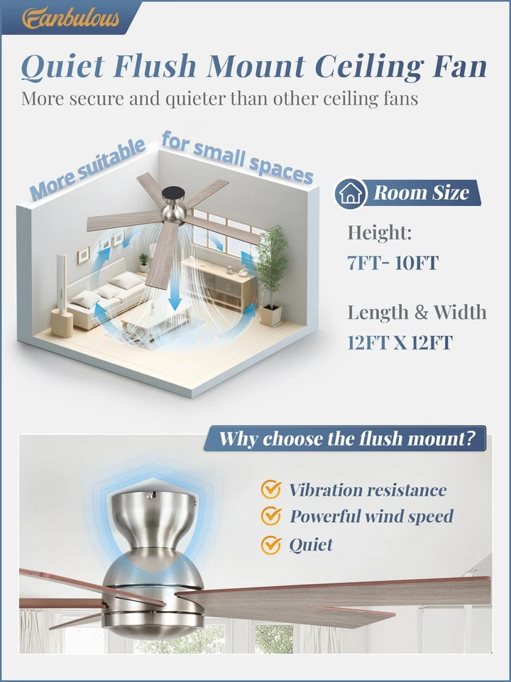 48 Inch Flush Mount Ceiling Fans without Lights Brushed Nickel Modern Ceiling... - Image 2 of 4