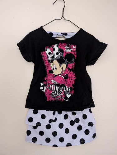 Disney Girl's Minnie mouse 3pc skort/ skirt, top & headband black polka dot 6-6x
