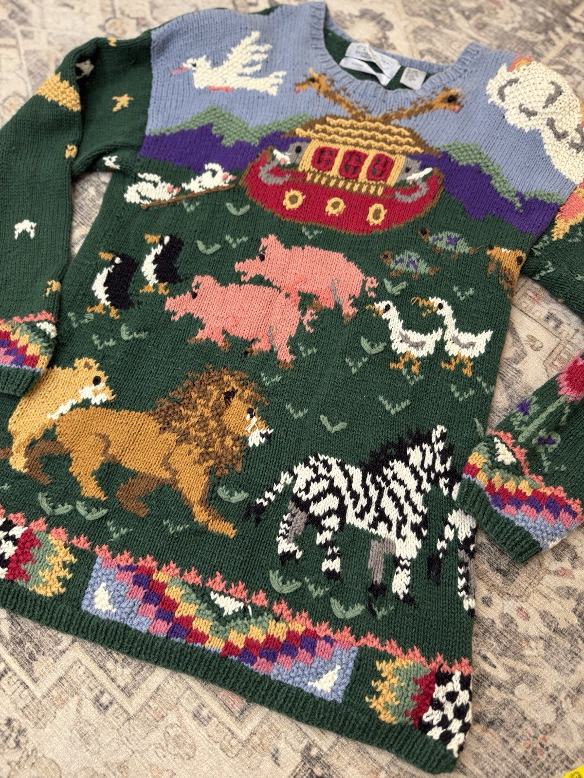 Vtg Signatures by Northern Isles Hand knit Sweater Women XL Green Noah's Ark image 2
