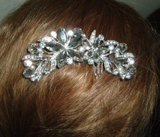 Wedding White Rhinestone Floral Silver Slide Hair Comb NWT