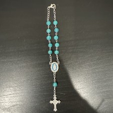 Handmade Auto Car Rearview Mirror Rosary with Frosted Blue Glass Beads 