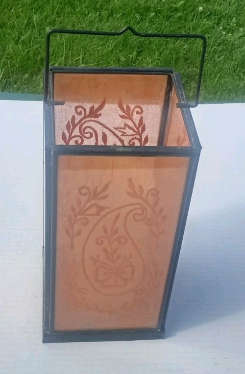 Vintage Brass Lantern Orange Lace Pressed Between Glass  9.5 H x 4.75 W 