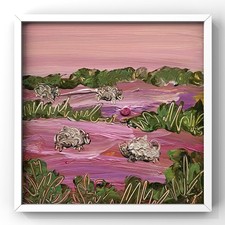 Charming Sheep Grazing in Rich Provence Lavender Glow - 4x4” Framed Oil Painting