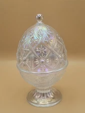 L.E. Smith Clear / White Carnival Glass Egg Shaped Covered Footed Candy Dish