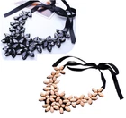 BLACK RIBBON & GREY OR AMBER GOLD MULTI-FLOWER FACETED ACRYLIC BEAD  NECKLACE