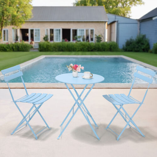 3-Piece Patio Bistro Set Stahl Folding Table and 2 Chairs Garden Furniture Metal - Picture 22 of 24