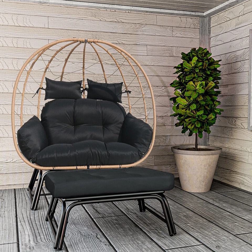 Egg Chair Ottoman Wicker Oversized Basket Chair with Thick Cushions Footrest - Image 3 of 4