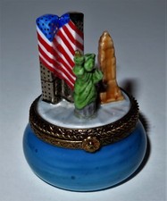 LIMOGES FRANCE BOX- NEW YORK CITY - TWIN TOWERS - STATUE OF LIBERTY - U. S. FLAG