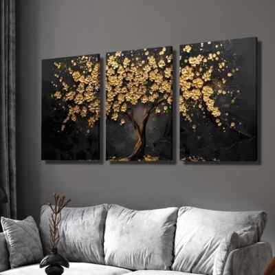 3pcs Abstract Golden Leaf Flower Tree Wall Art Canvas Unframed/Framed