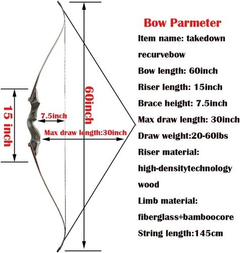 60" Recurve Bow Arrow Kit Archery 20-60lbs Bamboo Core Limbs Shoot Hunting RH LH - Picture 4 of 33
