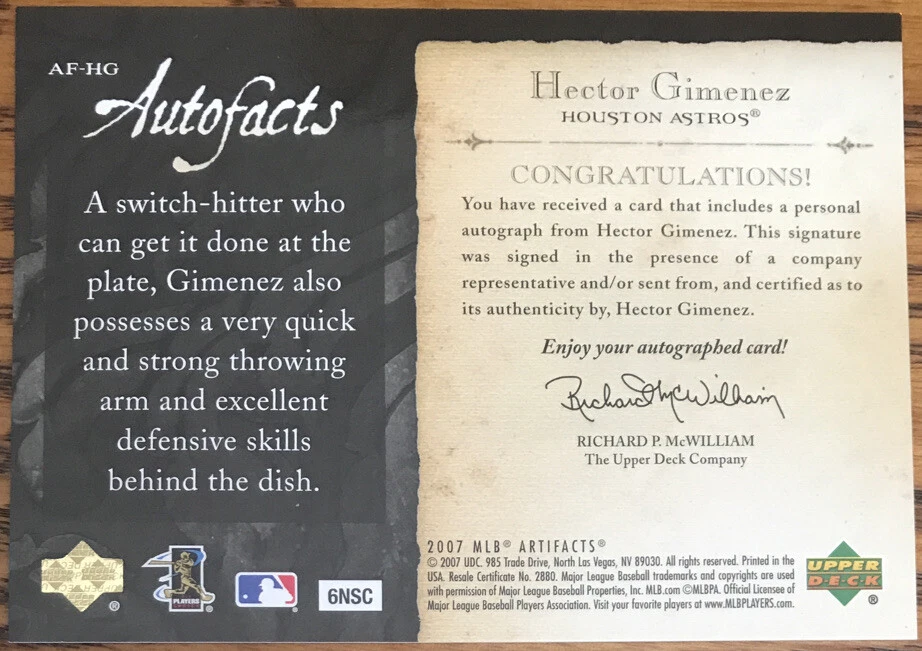 Artefactos AutoFacts Signatures 2007 Héctor Giménez AF-HG Houston Astros Foto 2 de 2