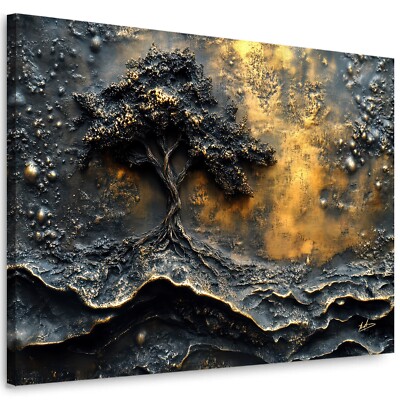 Leinwand Bild Abstrakt Baum 3D Metall Optik Schwarz Gold Wandbilder  7583A