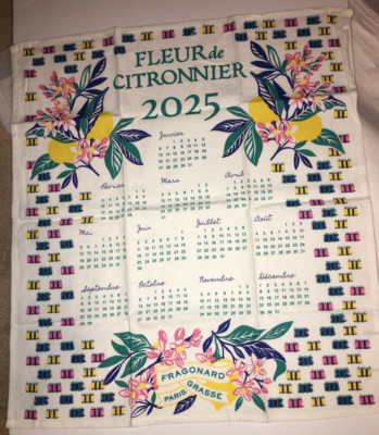 FRAGONARD PERFUME HAND KITCHEN DISH CALENDAR 2025 TOWEL WHITE LEMON BLUE PINK