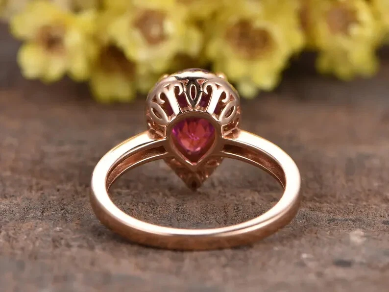 18K Gold Plated 925 Sterling Silver Rubellite Pear Cut Red Bridal Ring for Her - Image 3 of 4
