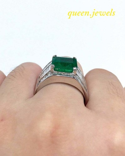 Anillo de boda para hombre de oro blanco de 14 quilates con esmeralda verde corte princesa creado en laboratorio de 2 quilates FN - Imagen 6 de 7