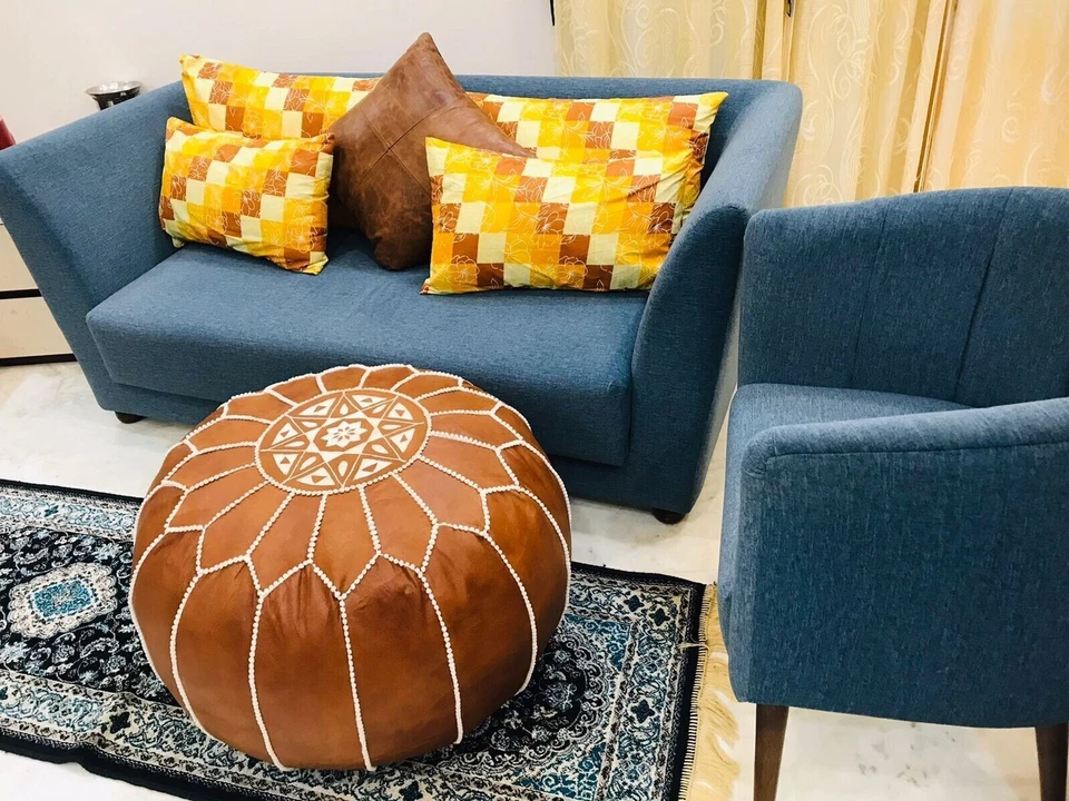 Round Natural Stool Pouffe Moroccan Footstool Leather Brown Bohemian Classic - Image 3 of 4