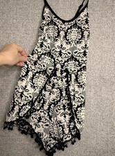 Unbranded Black White Floral Preppy Boho Beachy Romper Bauble Fringe Size XS
