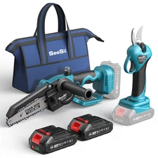 2-in-1 Mini Chainsaw & Pruning Shears Combo Kit 1.3" Pruner 6" Saw 2x2000mah