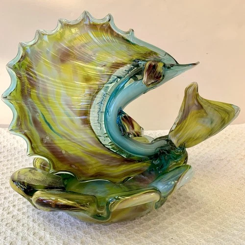 Hand Blown Art Glass Sailfish Swordfish Marlin Dish Ashtray Murano??  Vintage