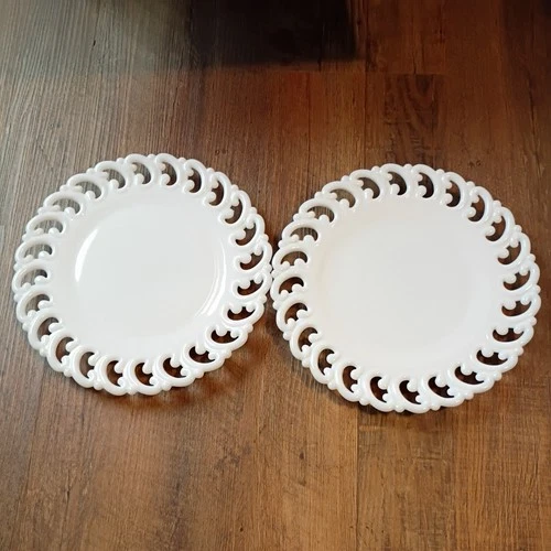 Vintage Fenton Reverse C White Milk Glass Footed Plate set of 2