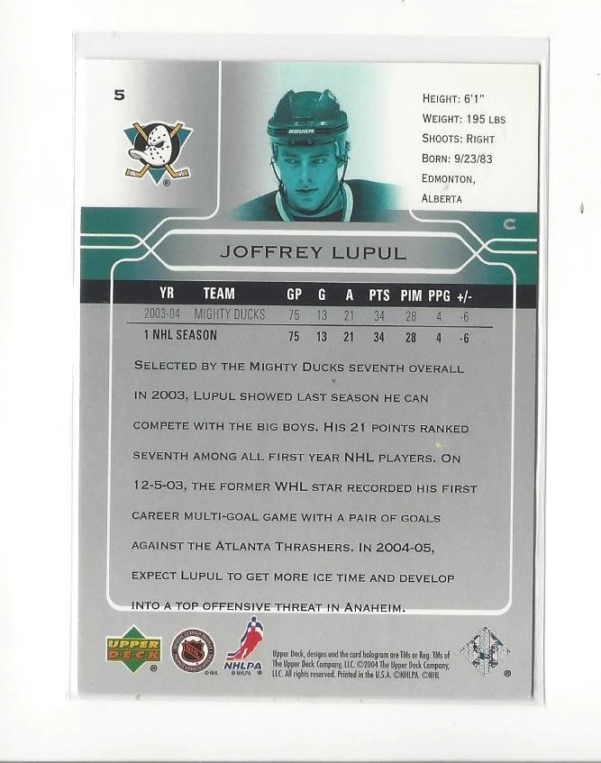 2004-05 Upper Deck Canadian Exclusives #5 Joffrey Lupul Oilers /50  - Image 2 of 2