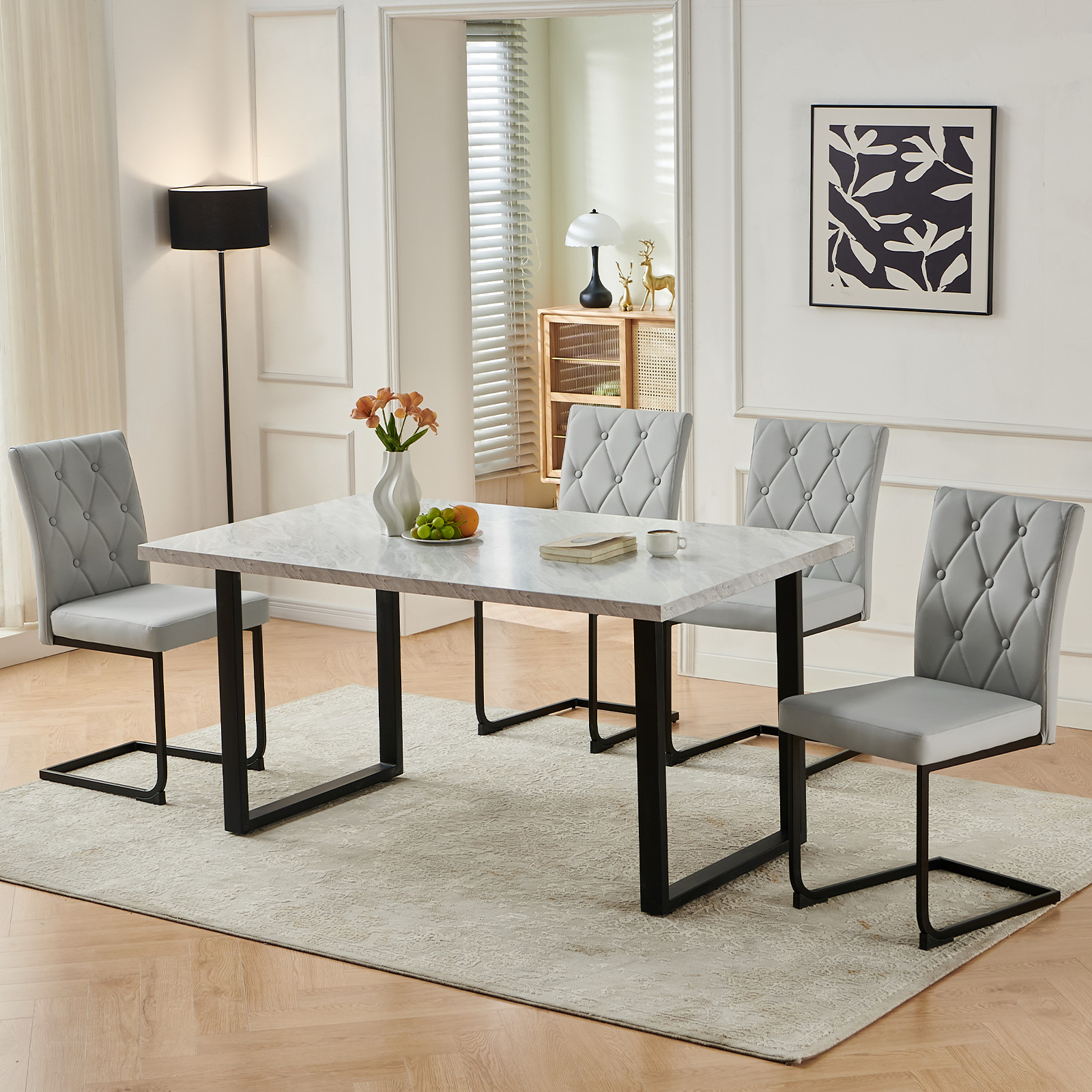 Marble Effect Wooden Table and 4 Chairs Set Kitchen Office Modern Furniture