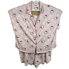 Hello Kitty Sanrio Pajama Set Pink Daisy Button Up Top Shorts XL Sleepwear