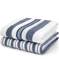 2 PCS Waffle Weave Kitchen Towels White Blue Stripes 25x15 Inch Absorbent