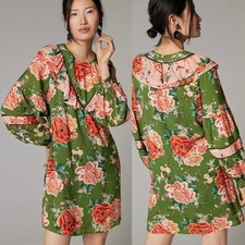 Farm Rio x Anthropologie Elinor Tunic Dress Long Sleeve in Green Floral Size M