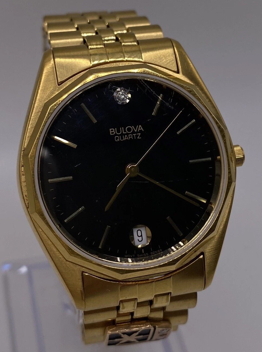 Vintage 90's Bulova Men's Watch Gold Tone Diamond Accent Black