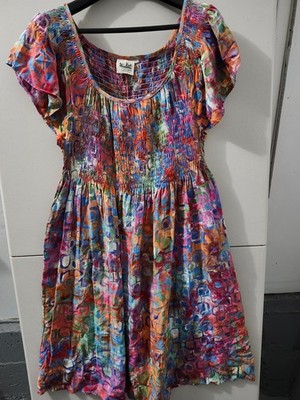 Go Fish Dress Womens 2XL Midi Short Sleeve Flare Smock Artsy Colorful Hawaiian