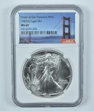 1987 (S) American Silver Eagle Struck At San Francisco MS69 NGC SF Label