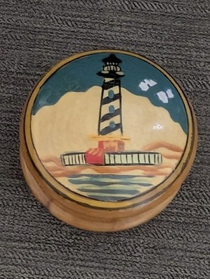 Vintage Small Wooden Box With Hand Painted Lighthouse Scene