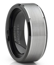 Men's Tungsten Carbide Wedding Band Flat Top Brushed Black Ring