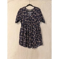 Natural Life Floral Babydoll Dress Womens XS/S Navy Blue Boho V-Neck Mini Rayon