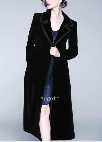 Womens Ladies Luxury Long Velvet Coat Notch Collar Trench Coat Overcoat Formal - 第 9/14 張圖片