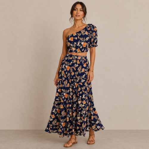 Ensemble jupe une épaule Ñ + maxi Revolve Seven Wonders Elena taille 4 fluide à plusieurs niveaux neuf - Photo 1/10