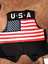 LEATHER Biker Vest. American Flag USA Embroidered. Mens Sz. Large.  EUC 