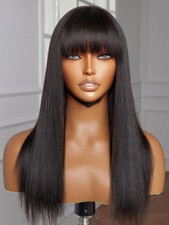 Light Yaki Human Hair Scalp Top Full Machine Made Wigs with Bangs Black Women