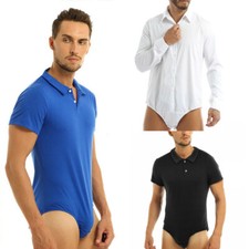 Mens Adult One-Piece Shirt Button Crotch Bodysuit Leotard Top Jumpsuit Romper