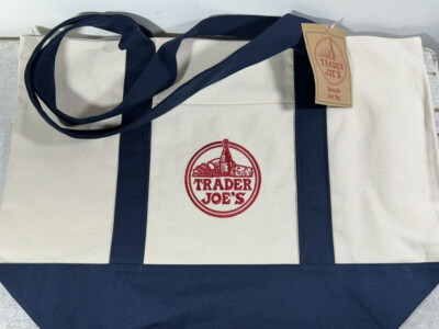 Trader Joes Large Tote Bag Navy Blue – Baumwoll-Leinen, Bestickt, Faltbar
