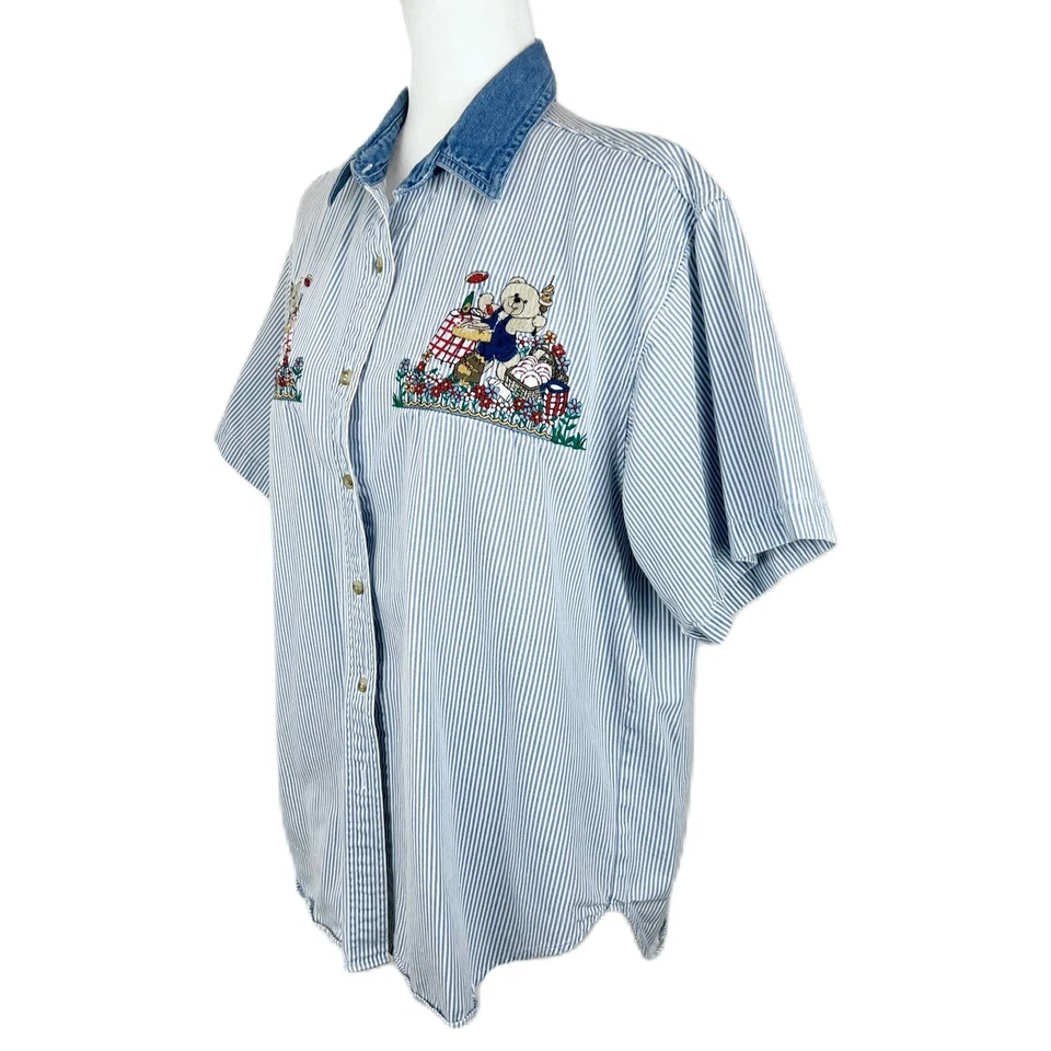 Camisa De Colección Quizz Again Abotonada Mujer Grande Azul Oso de Peluche Rayas S/S Top Foto 2 de 4